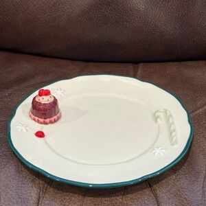 Anthropologie 8.25” Hand Painted Holiday Dessert Plate - Cake & Candy Cane